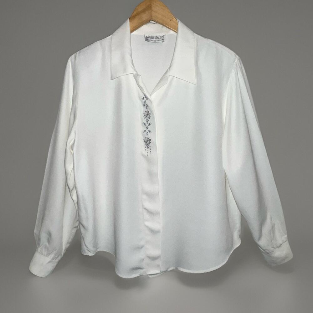 TG Camille Claudel Rayon Blouse Snowflake Embroidery White Winter Button Front M